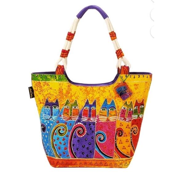 Laurel Burch NEW Scoop Tote Zipper Top FELINE TRIBE Artsy Cats Bright Happy Bag - Picture 1 of 12
